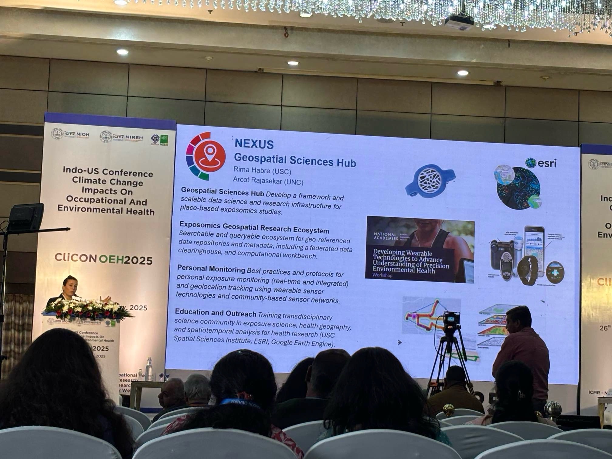 Rima Habre, ScD, University of Southern California, presenting about NEXUS in her plenary at the Indo-US Conference on Climate Change Impacts on Occupational and Environmental Health (CliCON OEH2025)