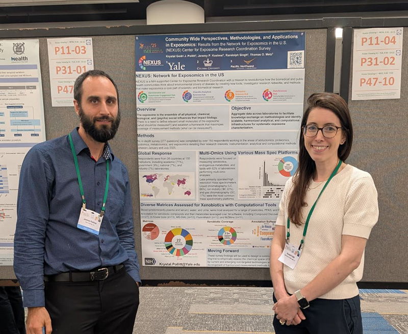 Drs. Krystal Pollitt and Jeremy Koelmel presenting their poster <em>“Community Wide Perspectives, Methodologies, and Applications in Exposomics: Results from the Network for Exposomics in the U.S. (NEXUS) Center for Exposome Research Coordination Survey”</em> at ISES &amp; ISEE Joint Annual Meeting 2025