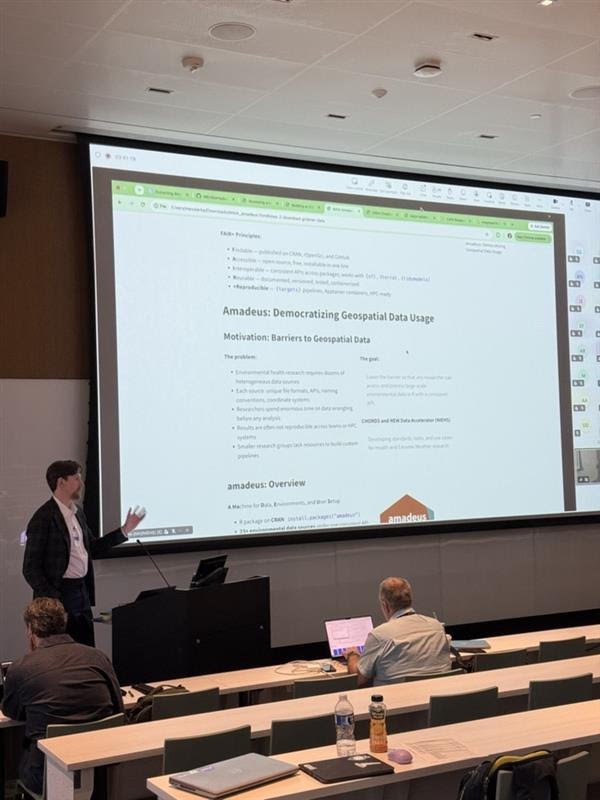 Kyle Messier, PhD, Stadtman Tenure Track Investigator at National Institute of Environmental Health Sciences (NIEHS) presenting a tutorial on the use of Amadeus software for facilitating geospatial data integration into health studies, from the HEW Data Accelerator Program at the MAIA Early Adopter Workshop.